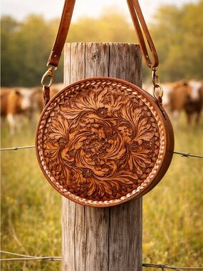 Handcrafted Floral Tooled Round Crossbody Bag - Tan
